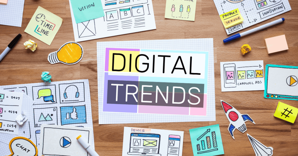 Digital trend on marketing meeting project with a paper plan on desk table