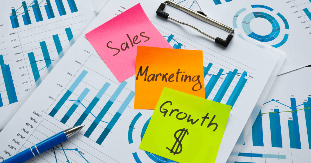 Words Sales marketing and profit growth as plan on the charts.