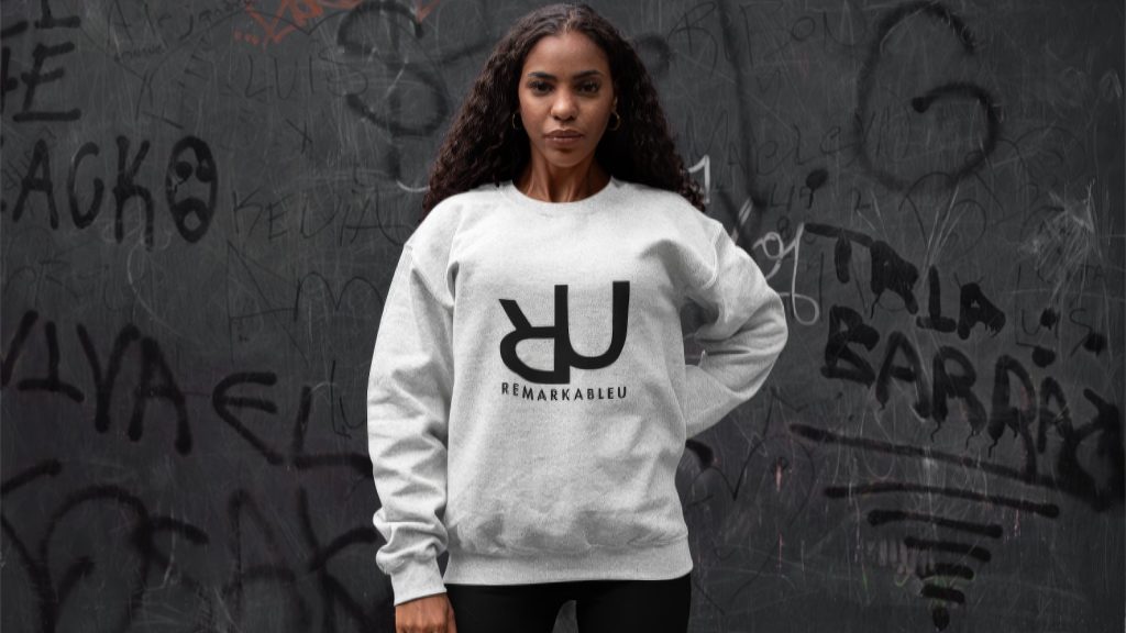 remarkableu sweatshirt worn by strong bold woman