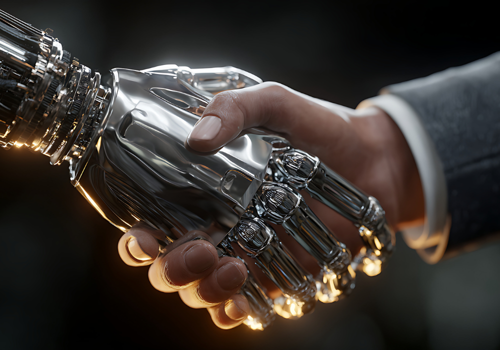 A person in a suit shaking hands with a robot hand