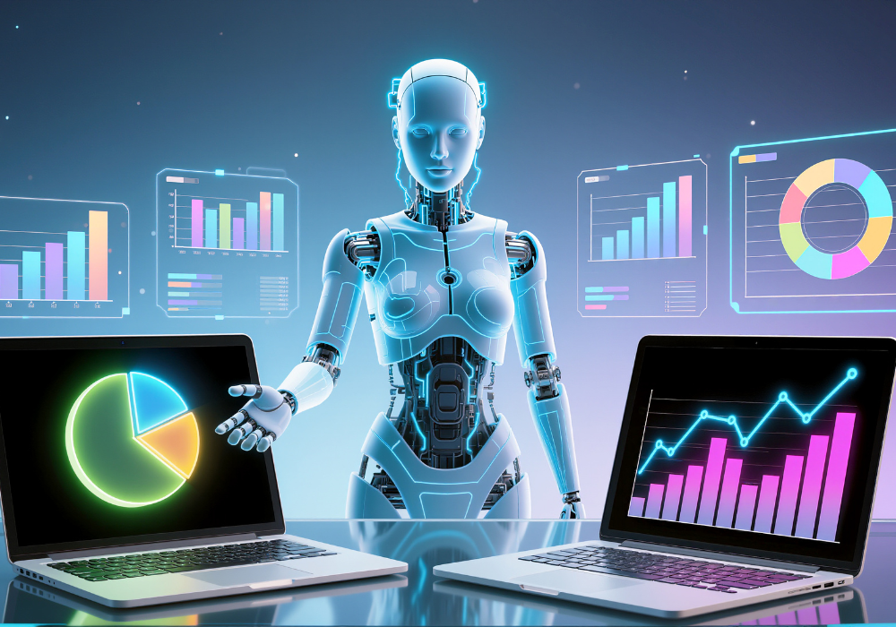 AI-powered content marketing; Robot presenting data analytics visuals.