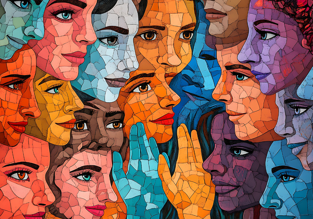 integrated femininity power; colorful mosaic of diverse faces.