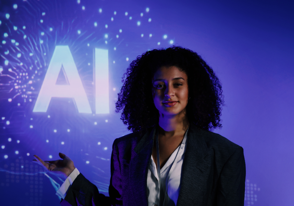 ai personalization in 2026; Woman presenting AI technology concept.