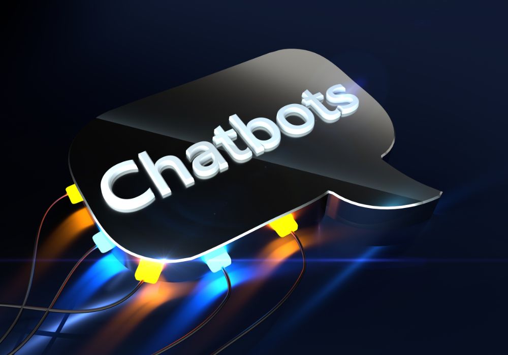 chatbot; The word Chatbots is displayed in white 3D letters on a black speech bubble with colorful lights underneath.