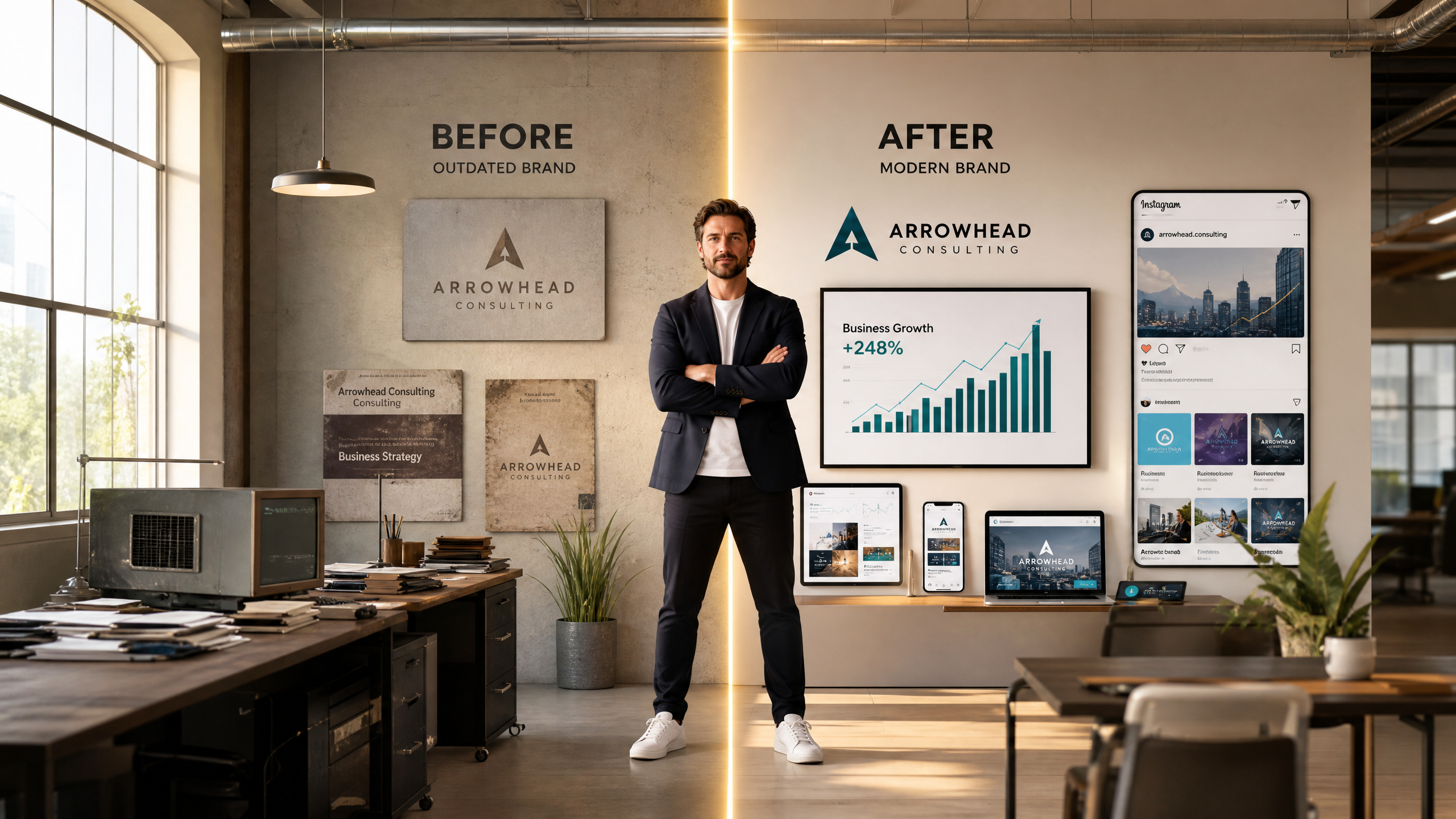 Brand Evolution System showing an entrepreneur transforming a business brand through strategic branding, positioning, and audience growth.