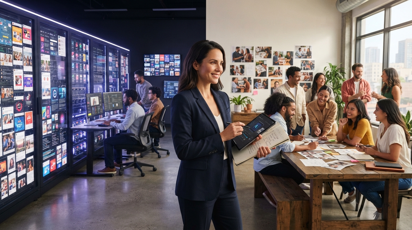 Business owner balancing AI marketing with authentic human brand connection.