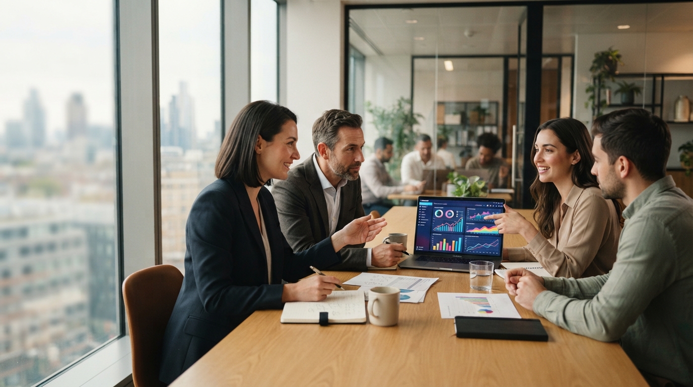 Business team reviewing a successful client case study and performance results